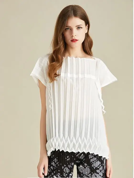 Miyake Summer Women's New Round Neck Perspective Short-sleeved Sleeve Lace Shirt