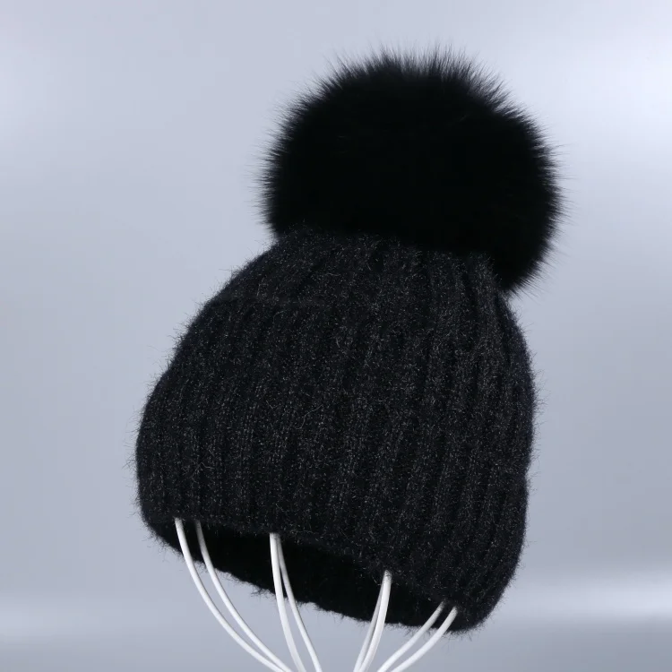 Fox Pom black hat Высокое качество, шерстяные зимние шапочки, шапка для женщин, девушек, настоящая лиса, норка, помпоны, мяч, вязанные, мягкие, кашемировые, теплые, skullies gorro - Цвет: Fox Pom black hat