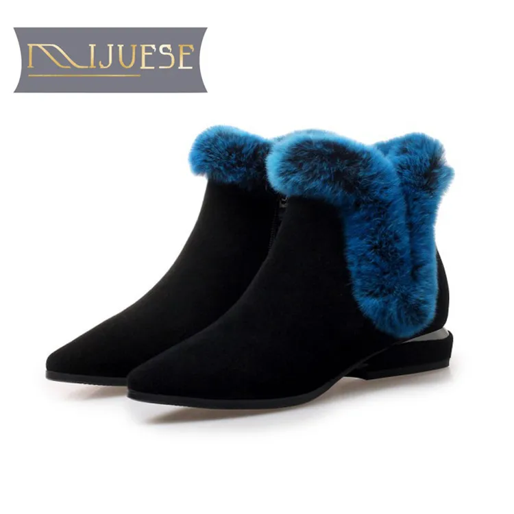 MLJUESE 2019 women snow boots Cow Suede black color Rome style pointed toe winter fur warm plush ankle | Обувь