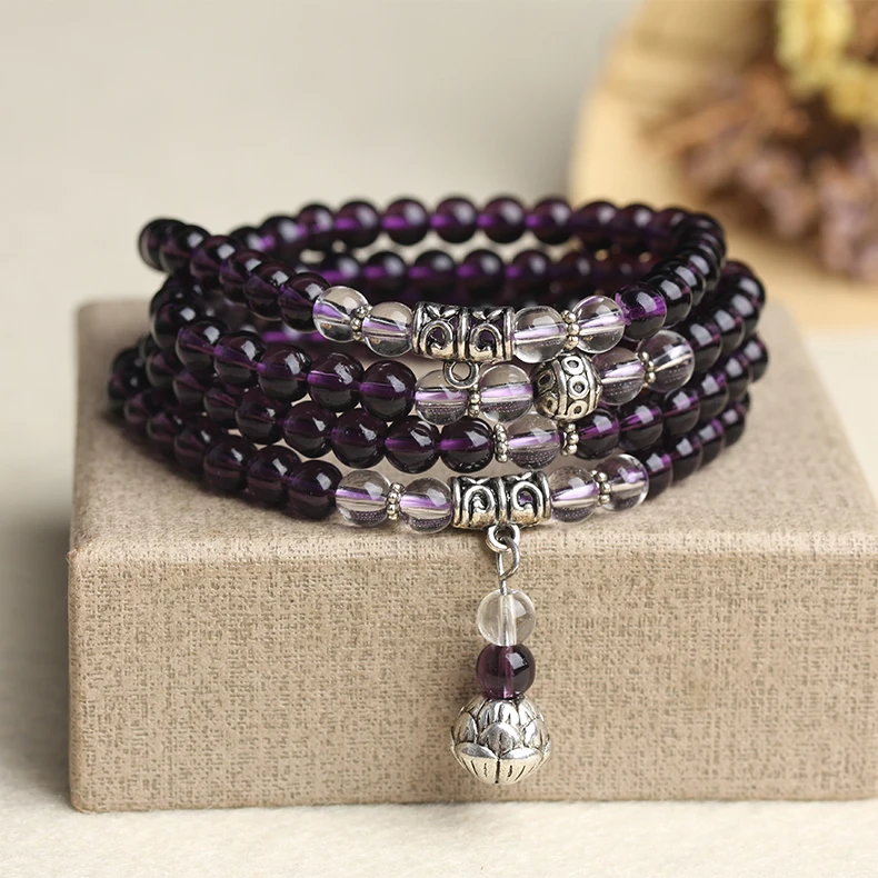 New Fashion 6mm compose Purple Crystal Beads Buddha Prayer Bracelet for Girls Gift Best Friends Drop Shipping | Украшения и