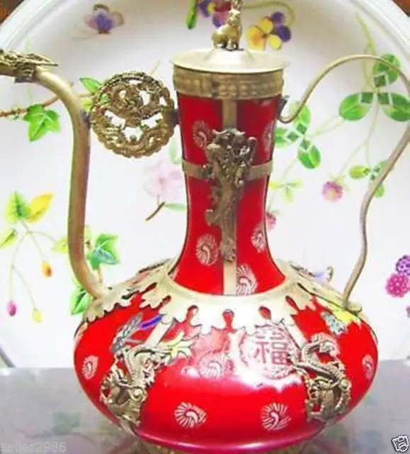 

CHINESE red PORCELAIN DRAGON TEAPOT MONKEY Garden Decoration 100% real Tibetan Silver Brass