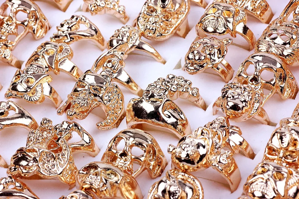 Wholesale Bulk Lots Job 10Pcs Skull Heads Alloy Biker Golden Finger Rings Band Wedding Engagement Gift Fashion Jewelry