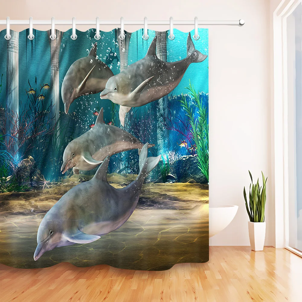 

3D Dolphins Shower Curtain Anime Underwater World Bathroom Waterproof Mildew Resistant Polyester Fabric for Kids Bathtub Decor