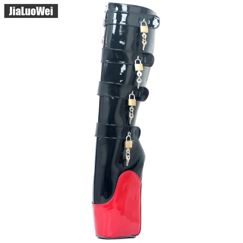 black and red shiny Jialuowei/Новинка года; 8 ключей; необычная Танкетка; Высокий каблук; без пятки; учебные замки; YKK; на молнии; с замочком; до колена; балетки; унисекс - Цвет: black and red shiny