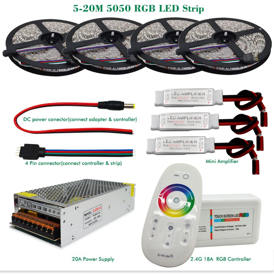 10 м 30 М 5050 RGB Светодиодная лента 60 светодиодов/м Водонепроницаемая IP65 Лента светодиодный светильник+ сенсорный пульт дистанционного управления+ 12 В адаптер питания+ усилитель