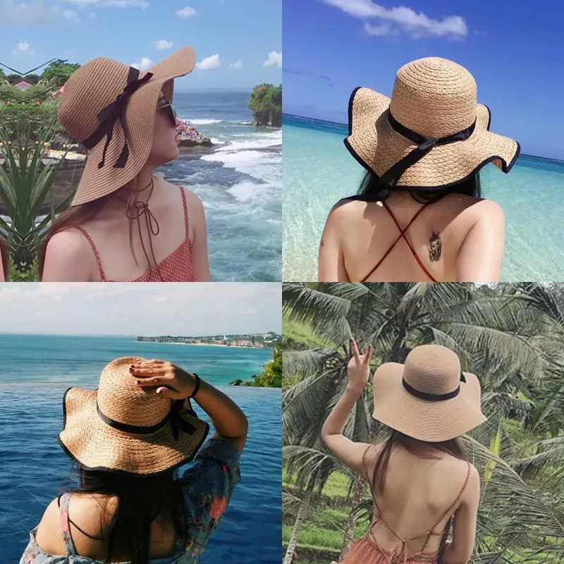 

Women Straw Weave Beach Hat Causal Ribbon Bowknot Floppy Sun Cap Outdoor Travel Wide Brim Bucket Hat