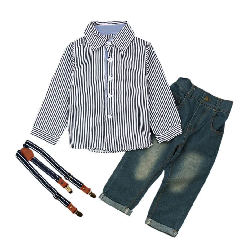 2018 New Formal Autumn Suit Sets Stripe Long Sleeve Blouse Camisa Jeans Full Pants Kids Clothes Children Clothing 3 Pcs Boys |