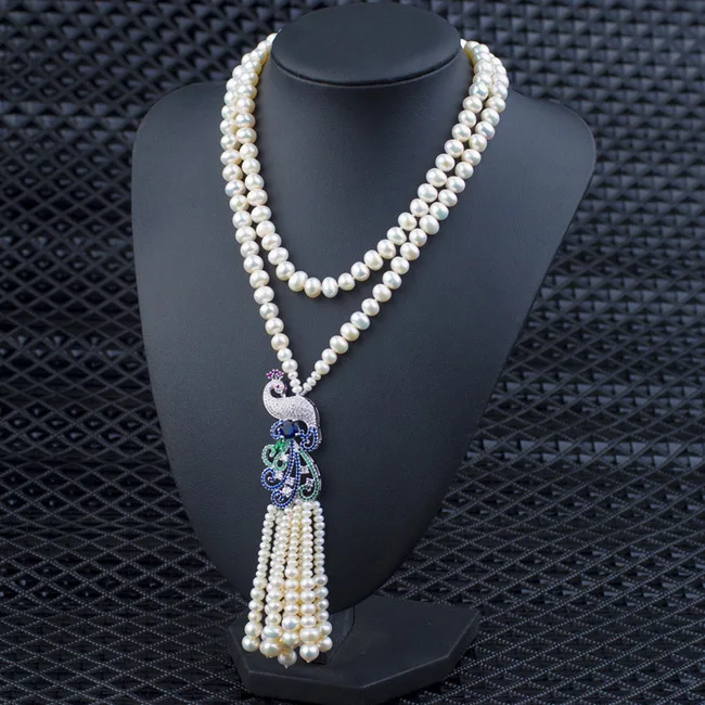 

100% Natural Freshwater Pearls Necklace Micro Zircon Phoenix Pendant Long Necklace Tassel Pendant Necklace Fashion Sweater Chain