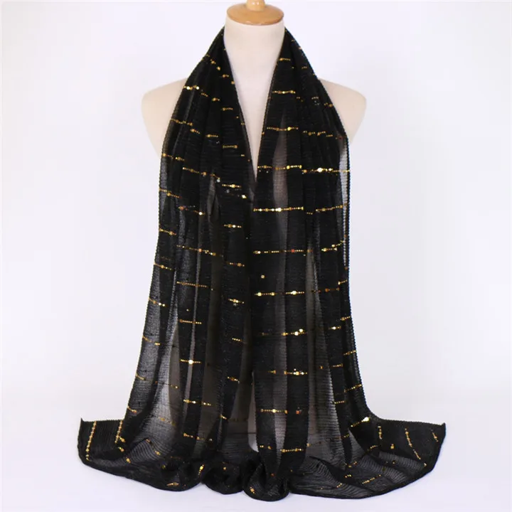 ZFQHJJ 10pcs/lot Women Sparking Shiny Sequin Gold Silk Yarn Muslim Hijab Scarf Shawls Head Scarfs Wraps Party Wedding Hijabs - Цвет: 23 black