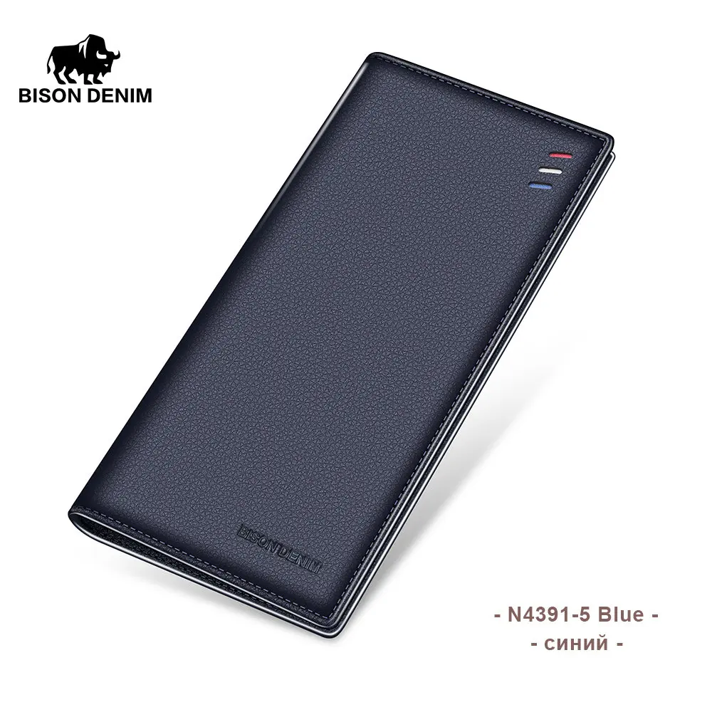 BISON DENIM, мужской кошелек из натуральной кожи, тонкий, мужской, роскошный, длинный, клатч, черный, с отделением для карт, для денег, сумка, мужской кошелек, N4391-5 - Цвет: Blue
