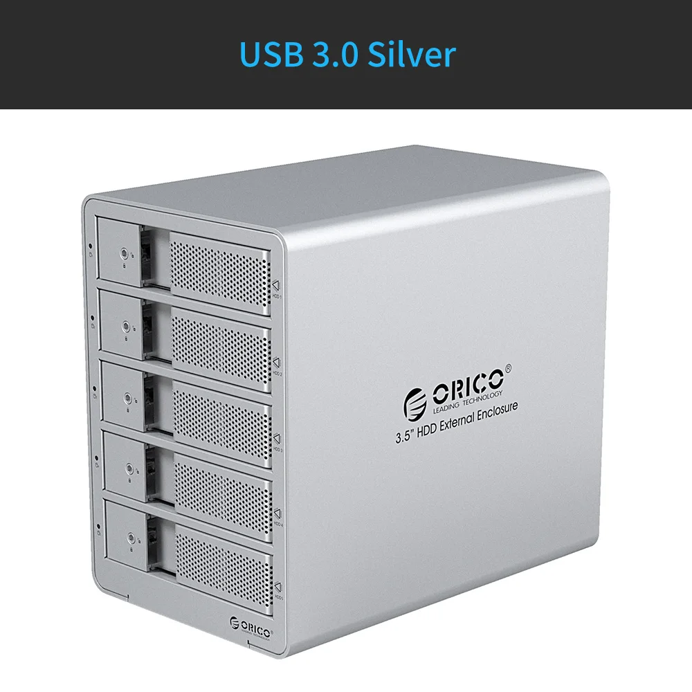 Silver EU ORICO 5 bay 3,5 дюйма SATA алюминиевый USB3.0 корпус для жесткого диска 50 ТБ макс с 12V6. 5A ЕС вилка адаптер питания из России Склад - Цвет: Silver EU