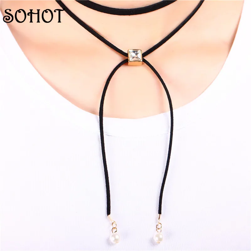 Ожерелье-чокер женское многослойное из черной кожи с искусственным жемчугом и