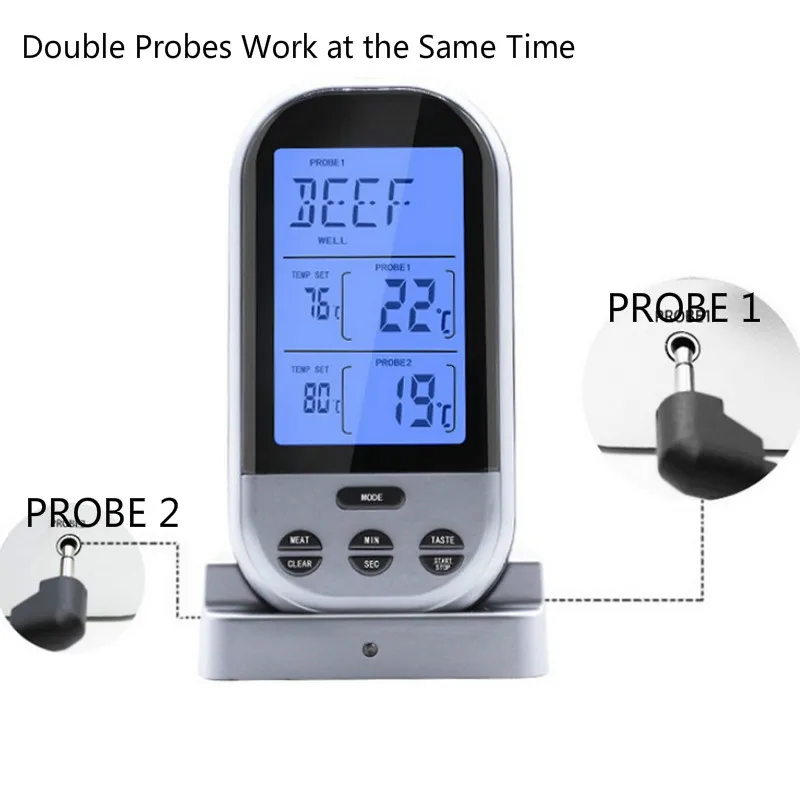 Беспроводной кухонный цифровой пищевой термометр с двумя зондами таймер