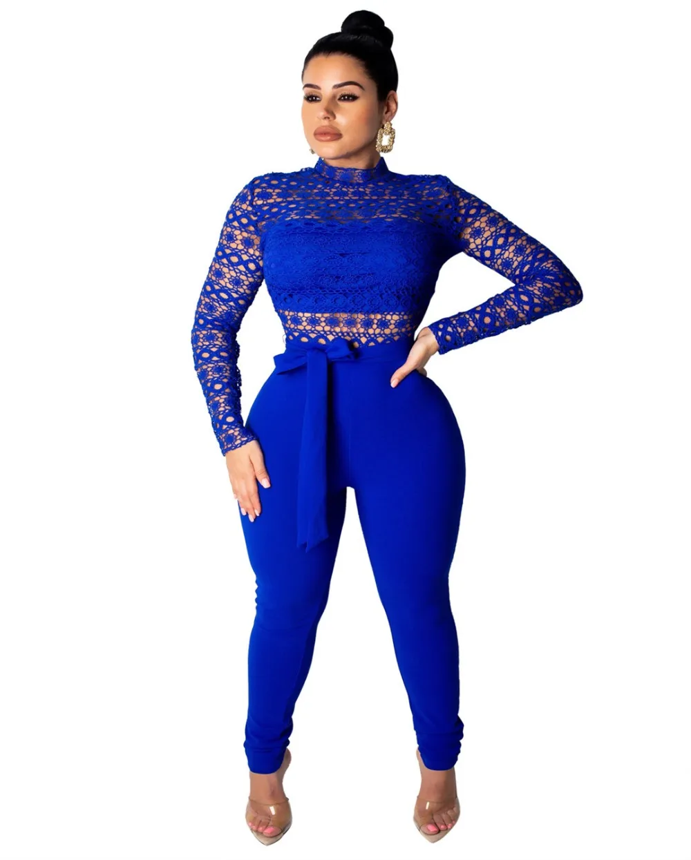 Лидер продаж модный однотонный кружевной прозрачный комбинезон с длинными