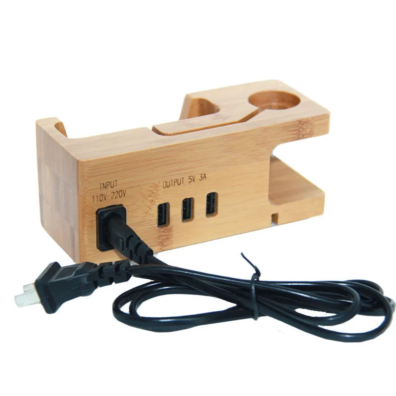 Деревянная Подставка для зарядки с 3 портами и часами, 5 В, 3 А, USB, Деревянная Подставка для зарядки мобильного телефона, док-станция, мульти зарядное устройство