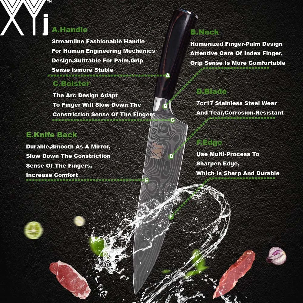 XYj 7 дюймов Santoku Нержавеющая сталь Ножи Sharp 7cr17 нож из дамасской стали вен ножи