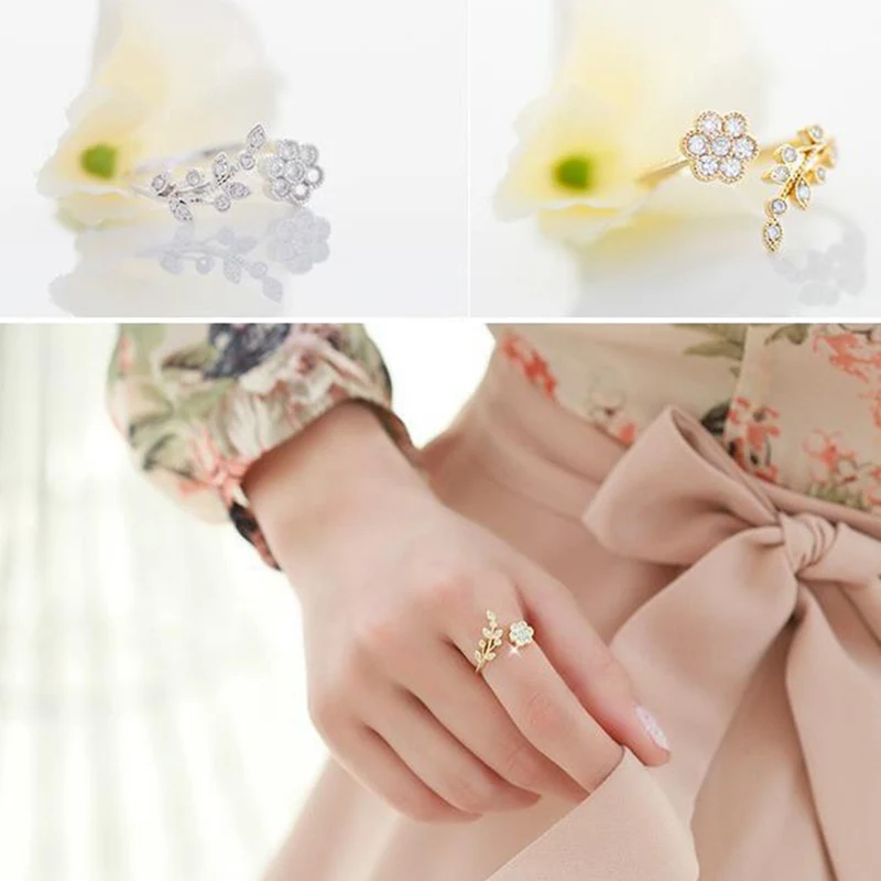 Korean Twisted Leaves Flower Rhinestone Open Ring Gold Silver Color Finger For Women Statement Adjustable Wholesale | Украшения и