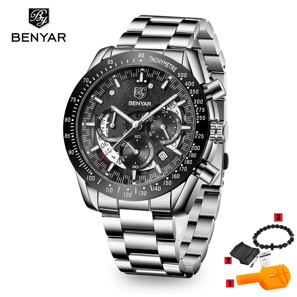 steel black Топ люксовый бренд BENYAR мужские часы спортивные бизнес Стальные кварцевые часы повседневные мужские наручные часы с хронографом Relogio Masculino - Цвет: steel black