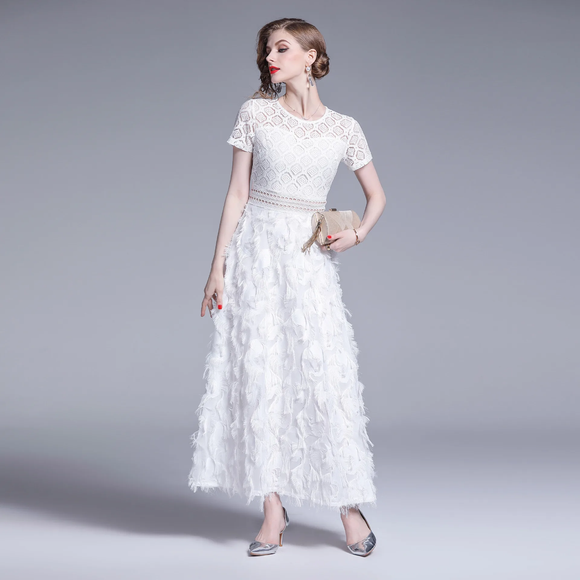 Женское длинное платье с кисточками повседневное винтажное макси кружевным