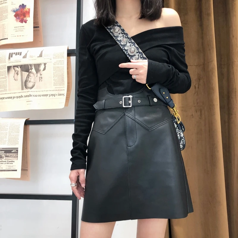 

Women Skirt 100% Natural Sheepskin Leather 2019 Fashion Knee-Length Skirt Real Sheepskin Leather Sashes Decorate Special Offer