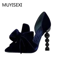navy blue brand designer women shoes pearl high heel pointed toe velvet bow 9 cm stiletto party shoes pumps 34 43 yt02 muyisexi