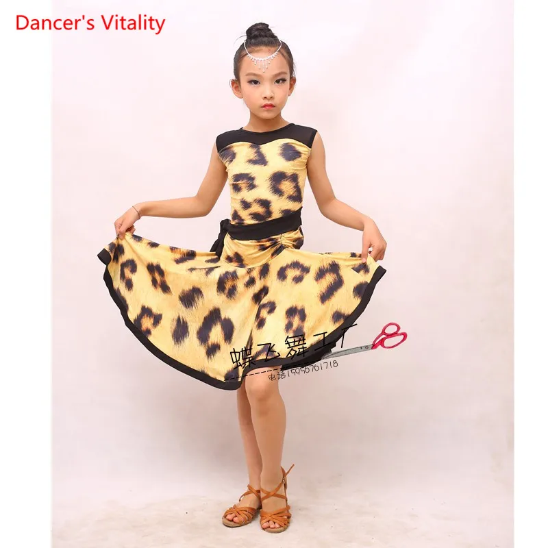 

New Leopard Latin Dance Performance Dress Lady's/Girls Sleeveless Backless Dress Children Ballroom Dance Competition Clothing