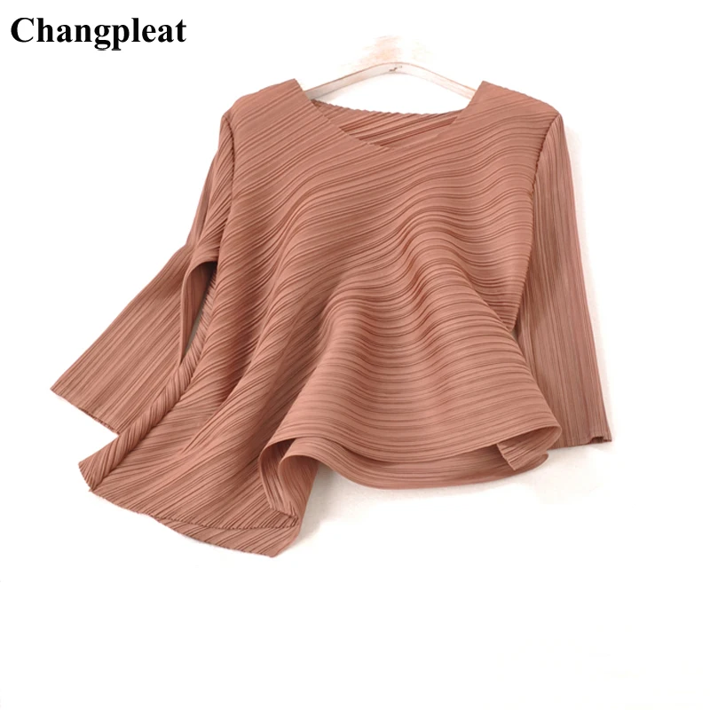 Женская футболка Changpleat Однотонная с о-вырезом и рукавом 3/4 плиссированная 2019 |