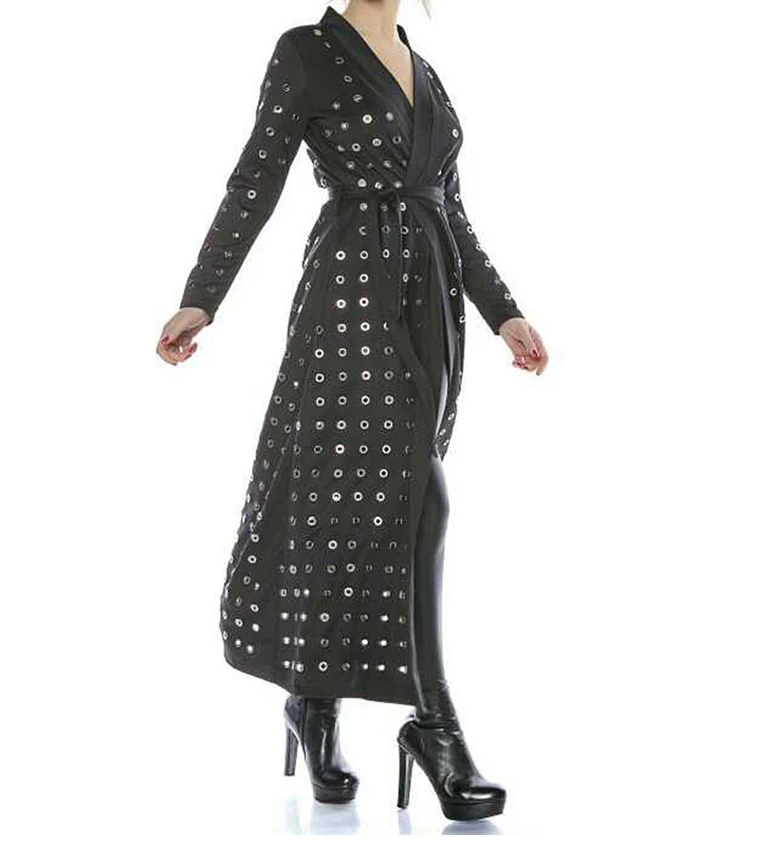 WHITNEY WANG 2018 Autumn Fashion Streetwear Pajamas Style Metal Rings Hollow Out LongTrench Coat Women Outwear coat WW-1948 | Женская