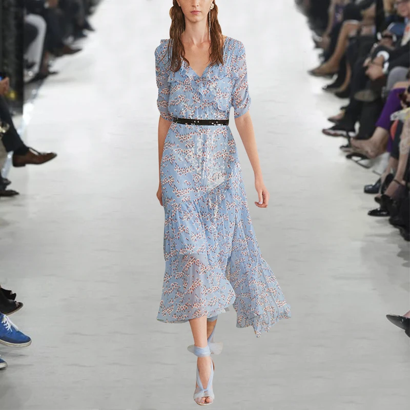 Летнее платье для подиума украшенное бисером 2019 с v образным вырезом коротким