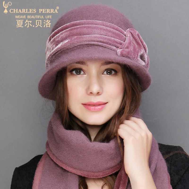 Charles Perra, женская шапка, зимняя, плюс хлопок, утолщенная, теплая, шерсть, шапки, шарф, две части, кроличья шерсть, смесь, Элегантные зимние шапки 2323