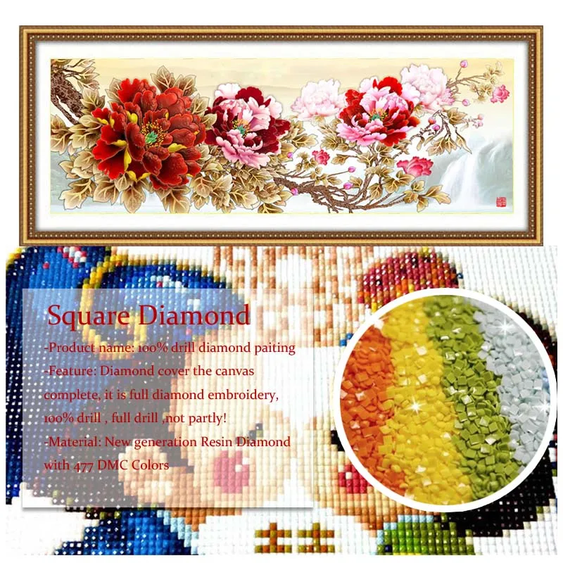 Square diamond Цветы пиона DIY 5D полный DIY Круглый Алмаз Живопись Мозаика Вышивка крестом Набор для вышивки Картина из камней ремесло - Цвет: Square diamond