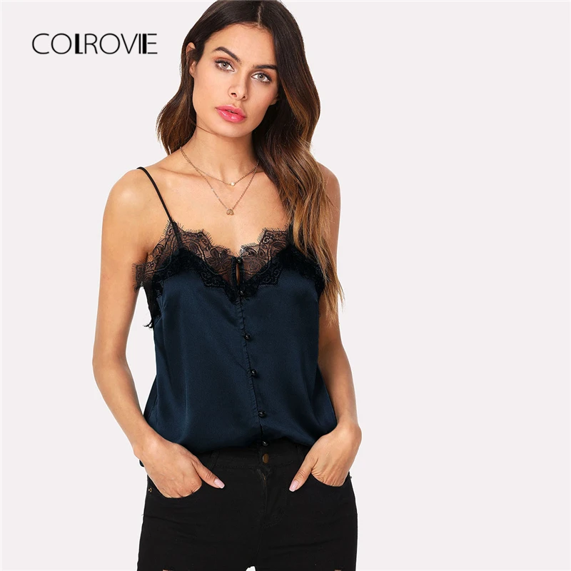 COLROVIE, черный сексуальный топ с пуговицами спереди, кружевной топ, футболка,, горчичный, летний, синий, топы, Одноцветный жилет на бретелях, Женская майка, женская одежда