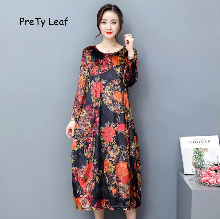 2017 Новинка осени Круглый воротник золото бархат свободные платья | Женская