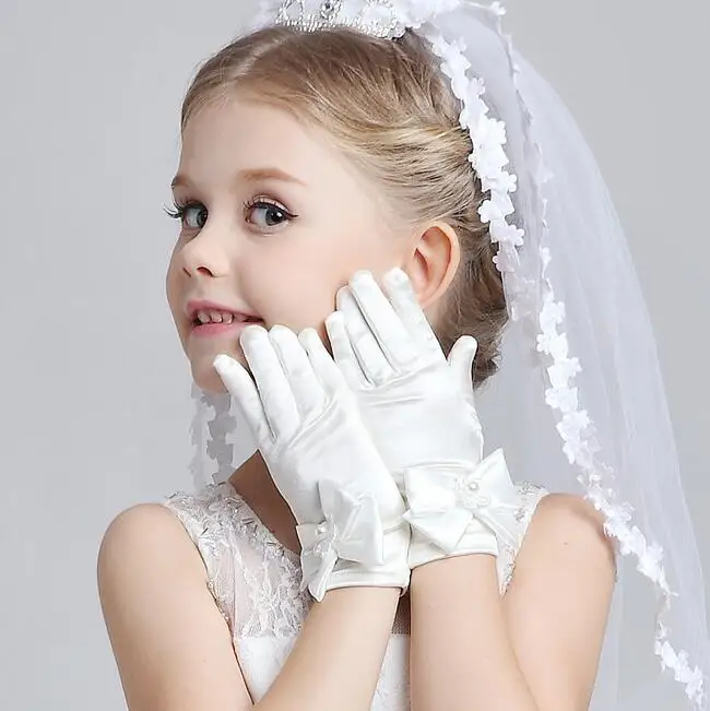 Children's satin elastic gloves girls short white gloves kids satin long  gloves R016