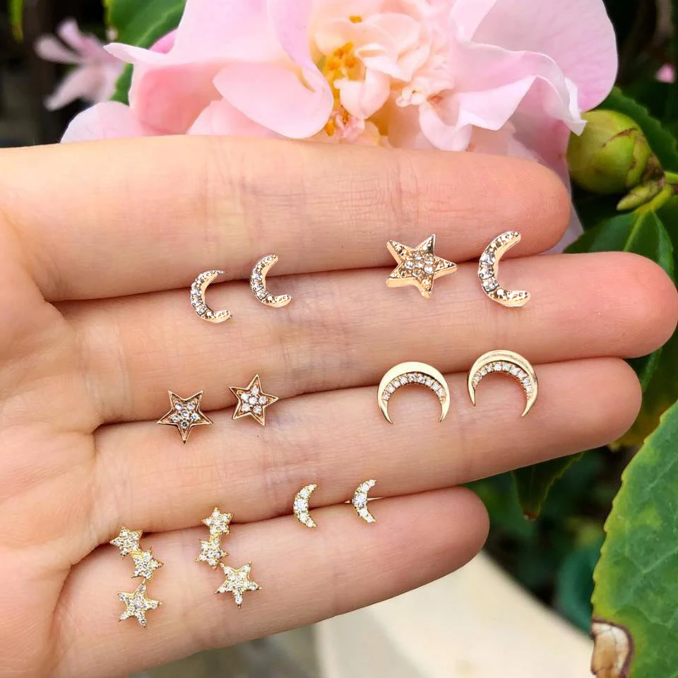 12 шт./компл. Boho Small Moon Stars полый резной Модный золотой Комплект сережек для женщин