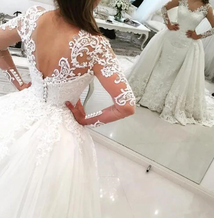 

Long Sleeve Mermaid Wedding Dress With Detachable Train Robe De Mariee Tulle Lace Appliques V Neck Floor Length Vestido De Noiva