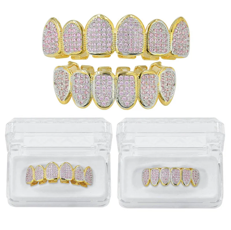 Хип-хоп ЗУБЫ Grillz Iced Out AAA циркон Топ и низ зуб набор для мужчин и женщин розовый цвет мода зуб Grillz