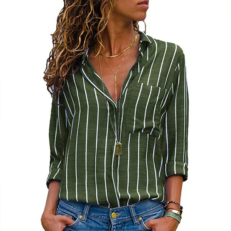 Женская Повседневная рубашка в полоску с карманом и отложным воротником Офисная