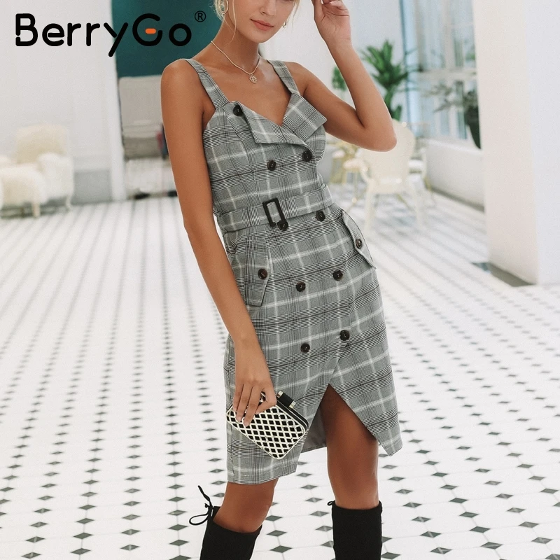 BerryGo офисное женское платье средней длины в клетку с высокой талией разрезом и