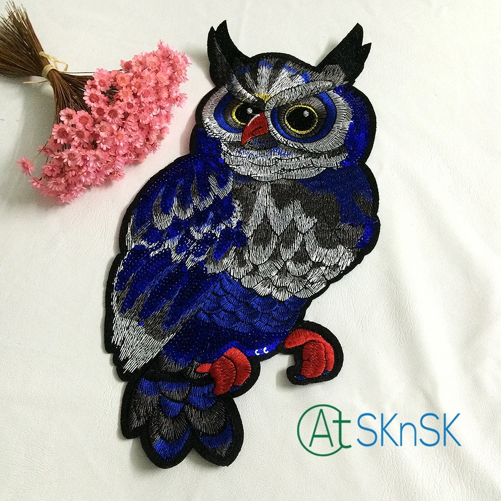 

DIY patches500pcs/lot wholesale sequined owl iron on patches stickers applique cheap embroidered patches for clothingDHL