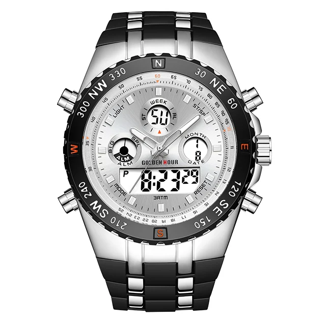 Black Silver White Новинка, GOLDENHOUR, модные мужские кварцевые часы, для спорта на открытом воздухе, мужские s наручные часы, двойной дисплей, силиконовый ремешок, водонепроницаемые, Relogio Masculino - Цвет: Black Silver White