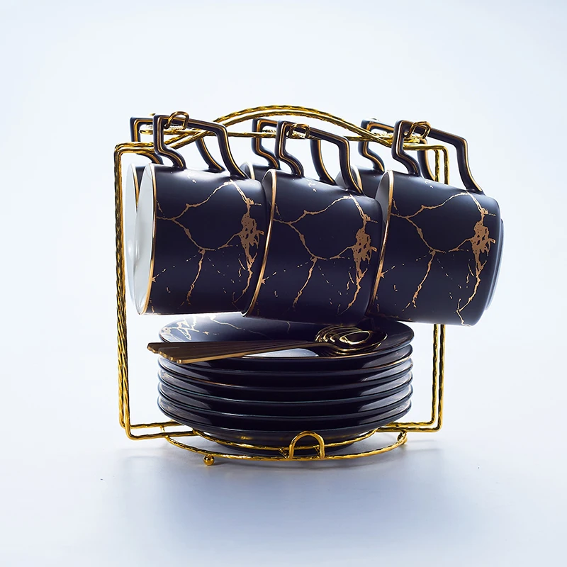 Black 6Cups n Holder Мрамор Керамика Кофе чашка с блюдцем ложка 200 мл Nordic Чай чашки Матовый фарфор Чай расширенный набор Чай чашка кафе эспрессо чашка - Цвет: Black 6Cups n Holder