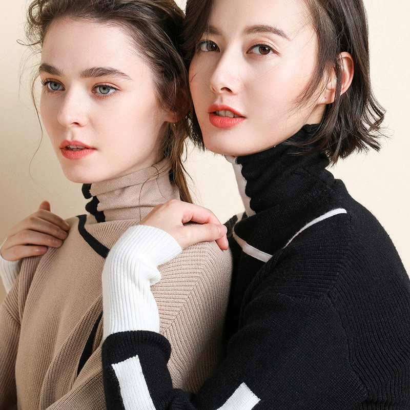 Winter Knit Sweater And Tops Women Long Sleeve Turtlenck Thick Pullovers Korean Style Clothes 2019 Patchwork Black | Женская одежда