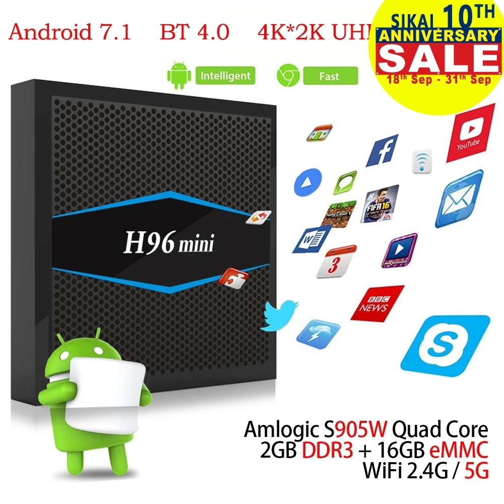 H96 мини умные телевизоры Box Amlogic S905W 4 ядра GPU Mali 450MP 750 мГц г 2 г/16 Android 7 1 г/5 Wi Fi Bluetooth 0