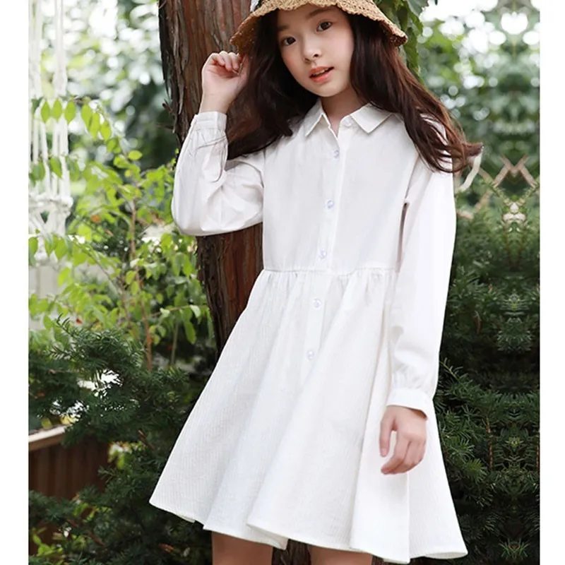 

100% Cotton Long Sleeve Dress For Kids Back To School Clothing White Teenage Girls Dresses Age 10 13 15 8 6 Years Shirts Autumn