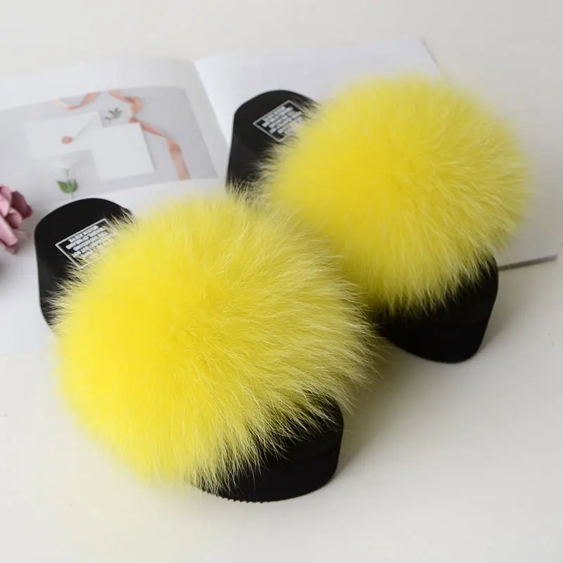Yellow COOLSA/Новинка; женские сандалии с натуральным лисьим мехом; женские пушистые шлепанцы; повседневные меховые Вьетнамки; шерстяные плюшевые тапочки; обувь на платформе - Цвет: Yellow