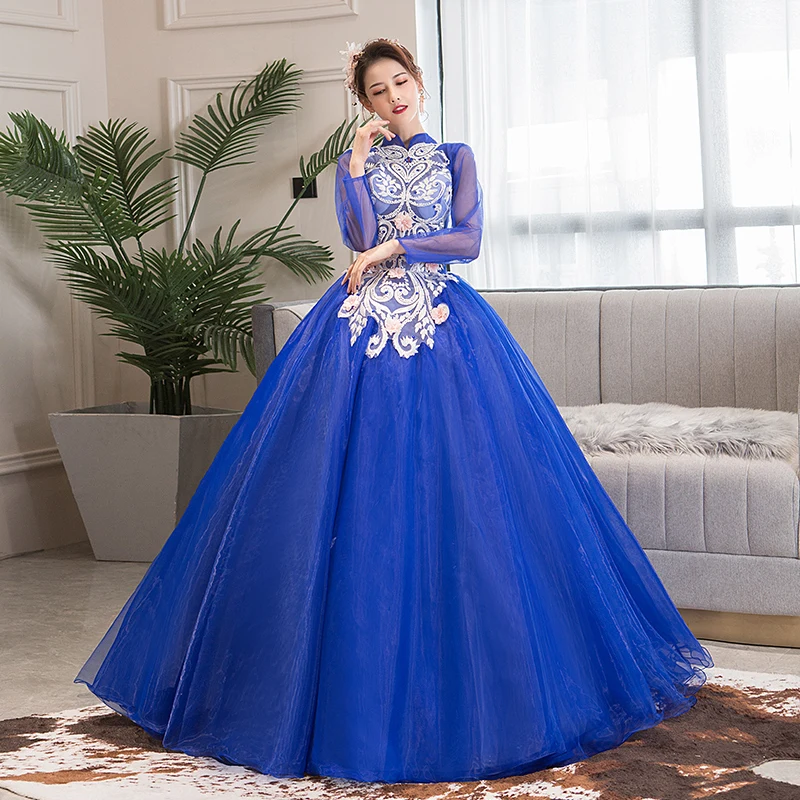 Бальные платья 2020 синие Quinceanera с длинным рукавом и высоким воротом 15 шестнадцати