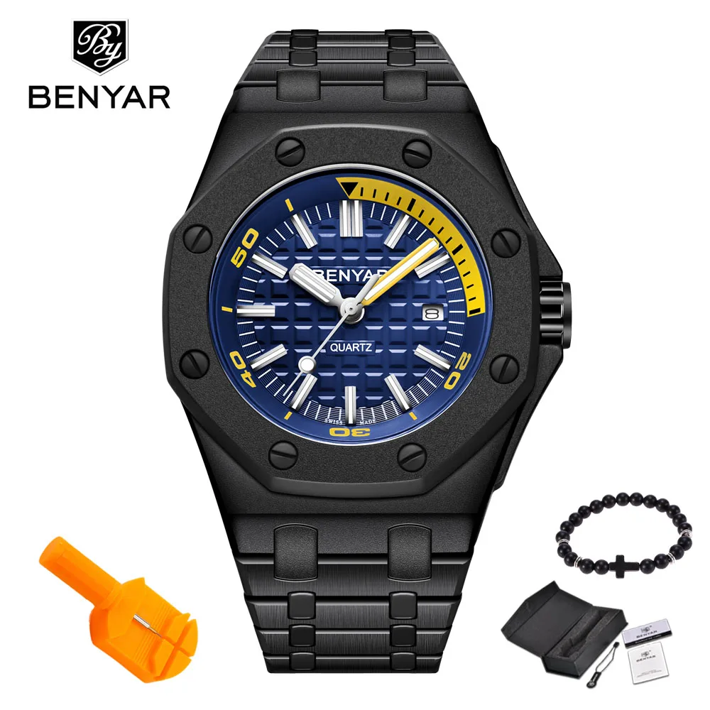 Black blue Gift Бесплатный подарок, новые модные мужские часы BENYAR, мужские брендовые Роскошные Кварцевые часы, мужские повседневные водонепроницаемые спортивные наручные часы, Relogio Masculino - Цвет: Black blue Gift