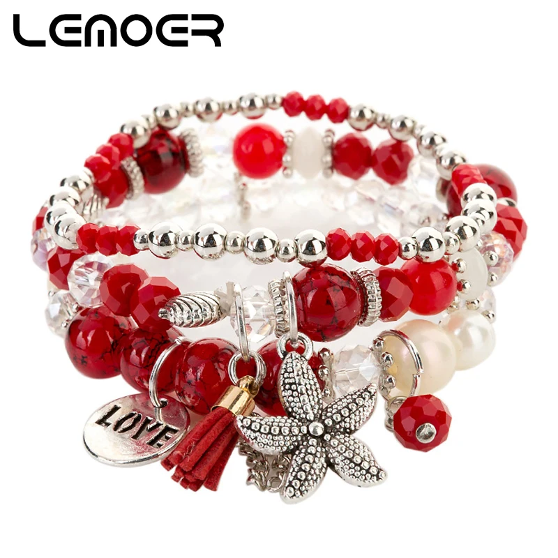 red LEMOER, богемский Морской стиль, Seastar, бусины, кристалл, браслеты и браслеты для женщин, многослойный, любовь, кисточка, очаровательный браслет, ювелирное изделие, подарок - Окраска металла: red