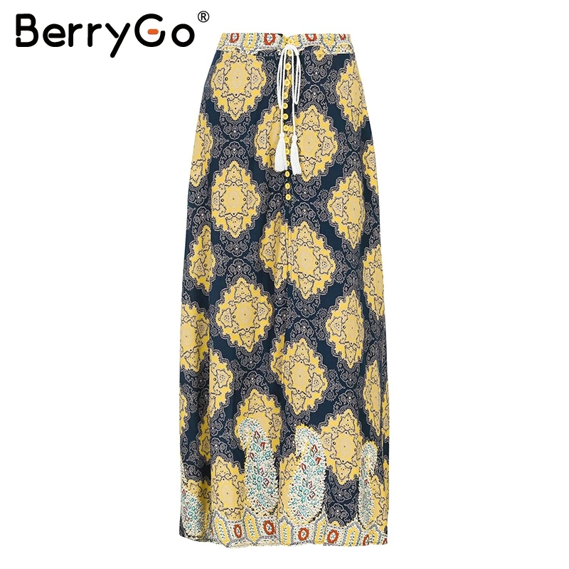 Yellow Print BerryGo, Женская Длинная юбка с высокой талией, с разрезом, с кисточками, летняя, стильная, Пляжная, макси юбка,, повседневный пояс с цветочным узором, Женская юбка с запахом - Цвет: Yellow Print